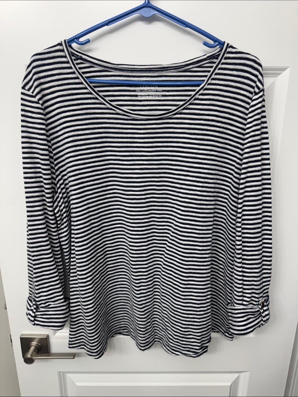 Chico's Black & White Striped Long-Sleeve Scoop Neck Top